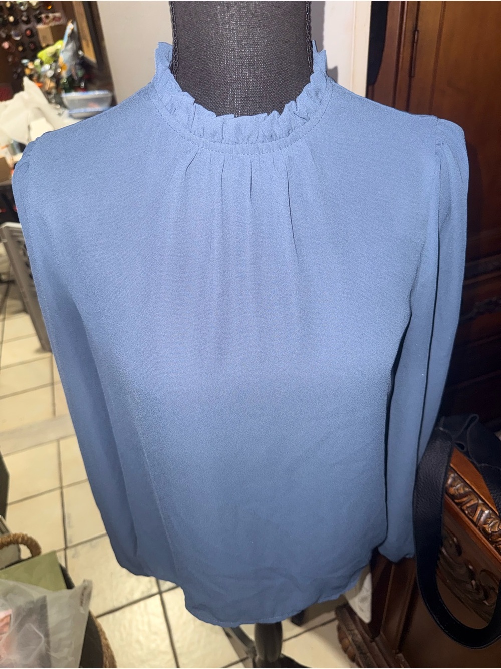 SHEIN Dusty Blue Ruffle Collar Long Sleeve Blouse